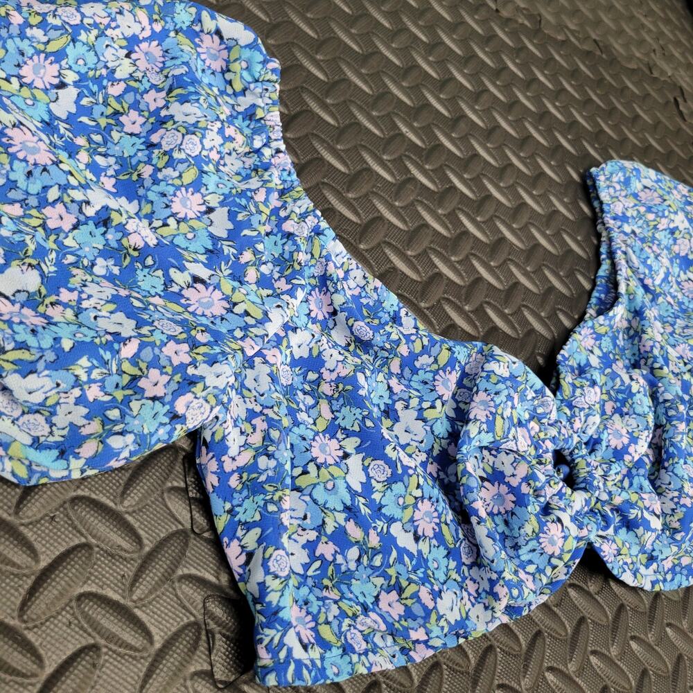 Wild Fable Blue Floral Puff Sleeve Lace Up Crop Top Fairycore Cottagecore Summer